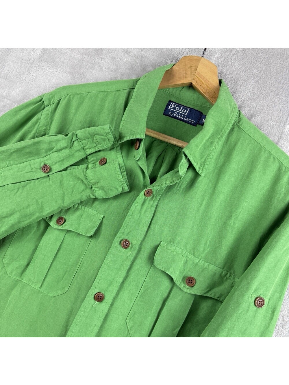 Polo Ralph Lauren Button Up Shirt Size M Green Silk Linen Roll Up Luxury Causal